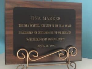 Tina Marker Award Plaque Award plaque honoring Tina Marker for volunteer service.