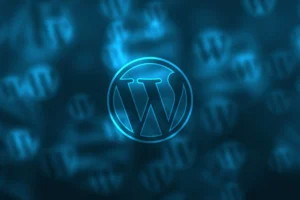 WordPress logo with digital background for website design tips.
