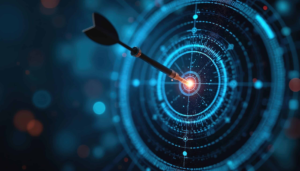 Arrow hitting digital target with futuristic interface. Arrow hitting digital target with futuristic interface.
