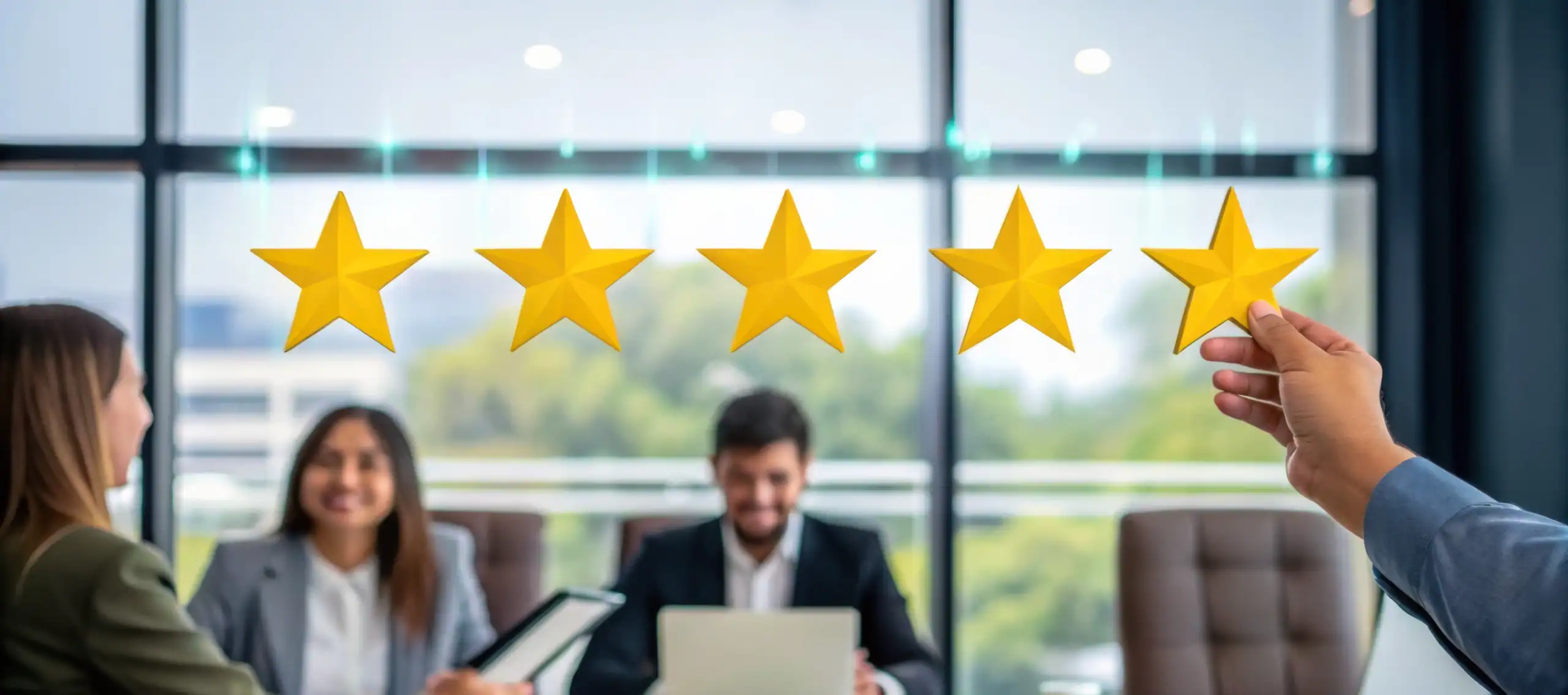 Business team discussing strategy with star ratings in modern office.