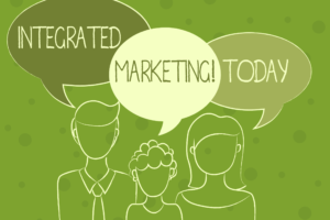 Illustration of a team discussing integrated marketing strategies on a green background.