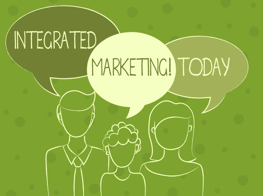 Illustration of a team discussing integrated marketing strategies on a green background.
