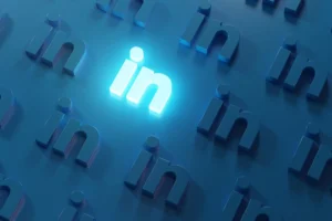 LinkedIn logo with multiple icons on a blue background.