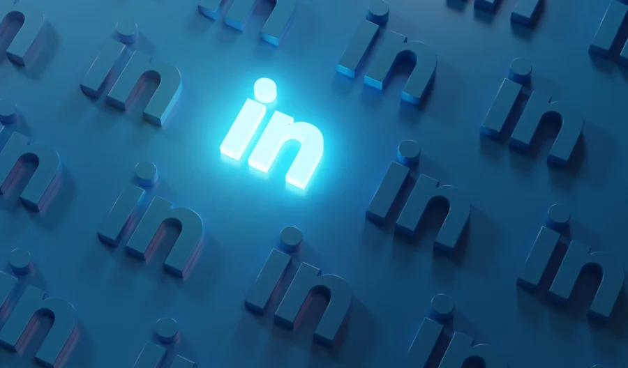 LinkedIn logo with multiple icons on a blue background.