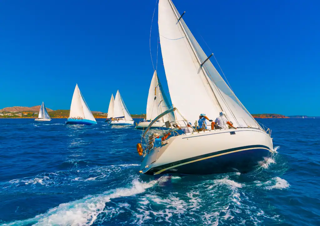 Sailing boats racing on the ocean under a clear blue sky, showcasing maritime adventure and outdoor.