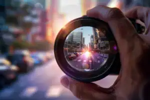 City street scene with tall buildings and busy traffic, viewed through a camera lens.