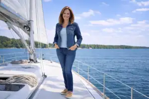 Sailing with Tina Marker Sailing with Tina Marker on a boat, enjoying the scenic water views and outdoor adventure.