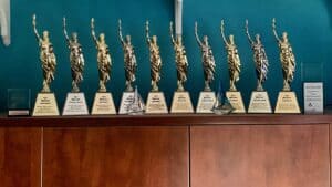 Windward Design Group Awards Display Collection of awards and trophies at Windward Design Group office.
